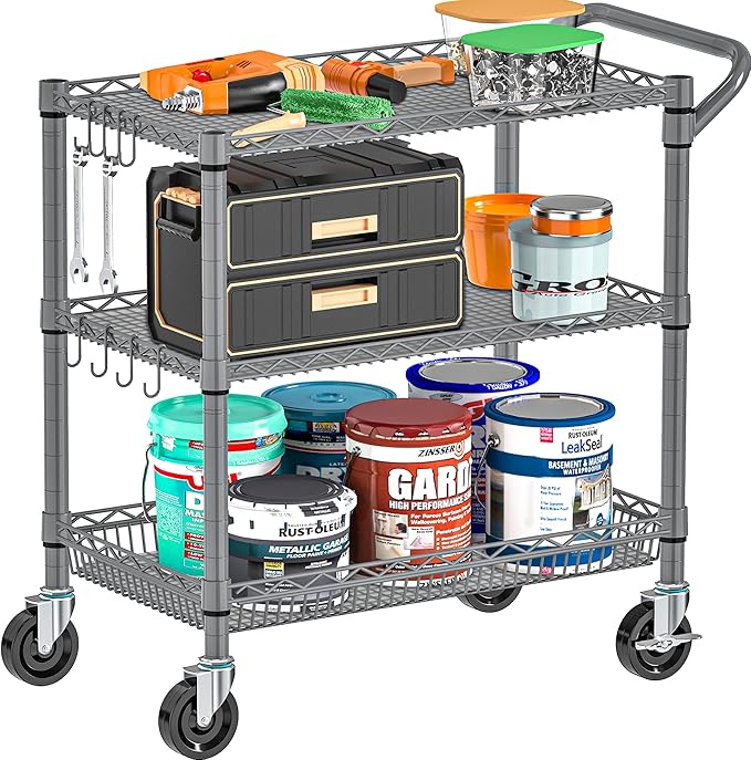 Rolling Cart with Wheels, Heavy Duty 3 Tier Metal Utility Cart 990lbs Capacity - Image 7