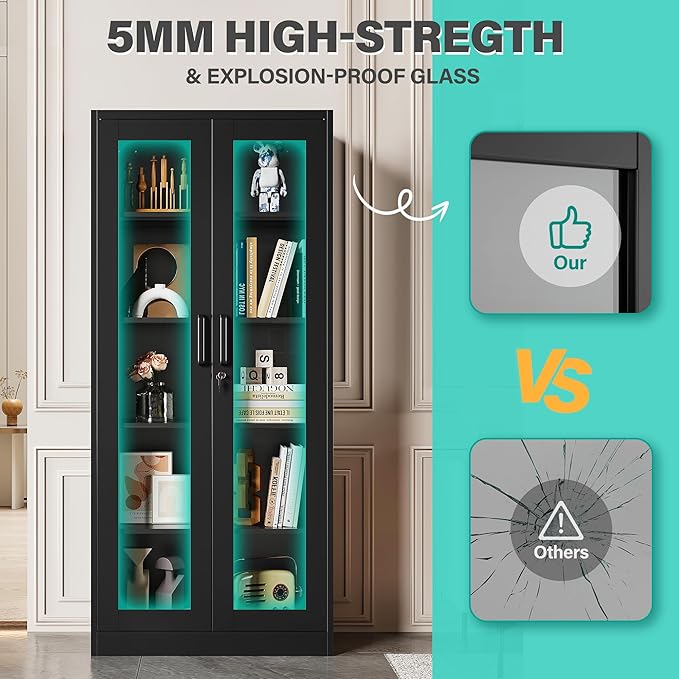 Metal Storage Cabinet with Lock and Glass Doors, Glass Display Cabinet - Image 9