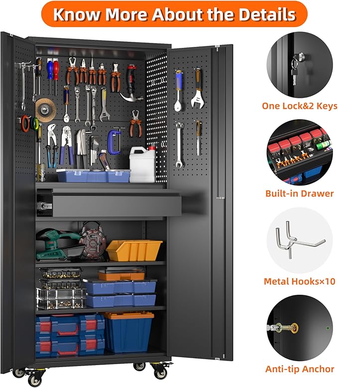 Metal Storage Cabinet with Drawers, Locking Garage Tool Cabinets on Wheels with - Image 4