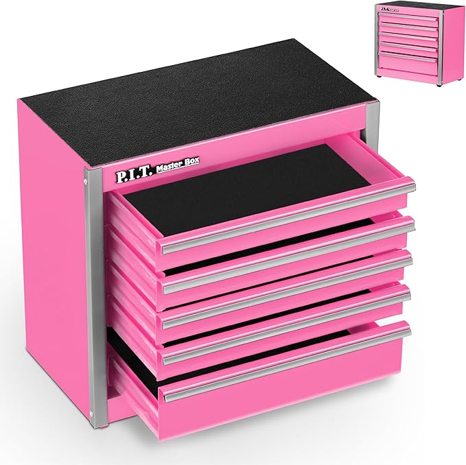 P.I.T. Mini Pink Tool Box, Portable 5-Drawer Micro Roll Cab Steel Tool Box - Image 9