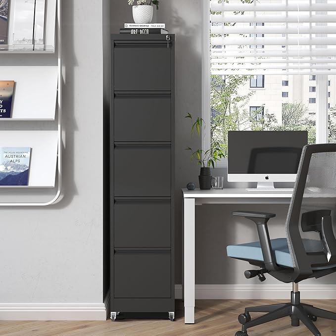 5 Drawers Filing Cabient with Wheel, File Cabinet with Lock, Steel Vertical - Image 2