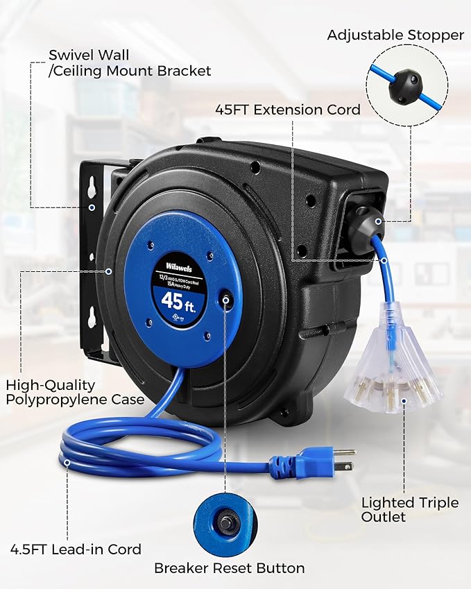 Retractable Extension Cord Reel, 45 FT Heavy Duty Power Cord, 12AWG/3C SJTOW - Image 7