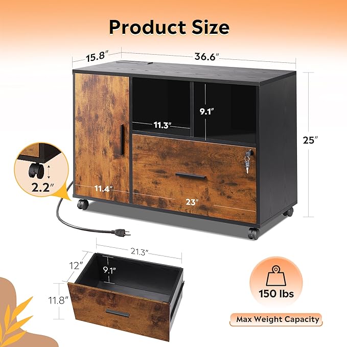 DEVAISE File Cabinet with Charging Station, 1 Drawer Rolling File Cabinet - Image 3