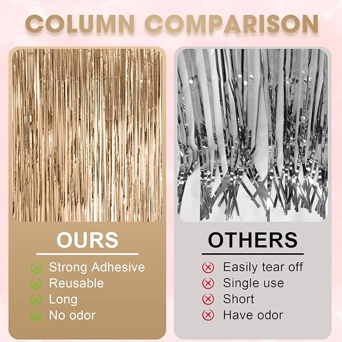 3 Pack 3.3x8.2 Feet Champagne Foil Fringe Backdrop Curtains, Tinsel Streamers - Image 5