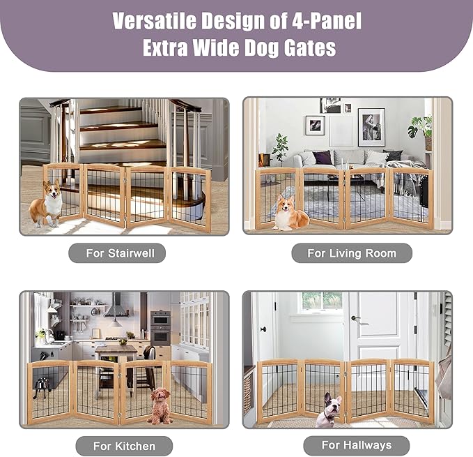 LZRS 4-Panel Extra-Wide Wooden Freestanding Dog Gate: Foldable Solid Wood and - Image 6