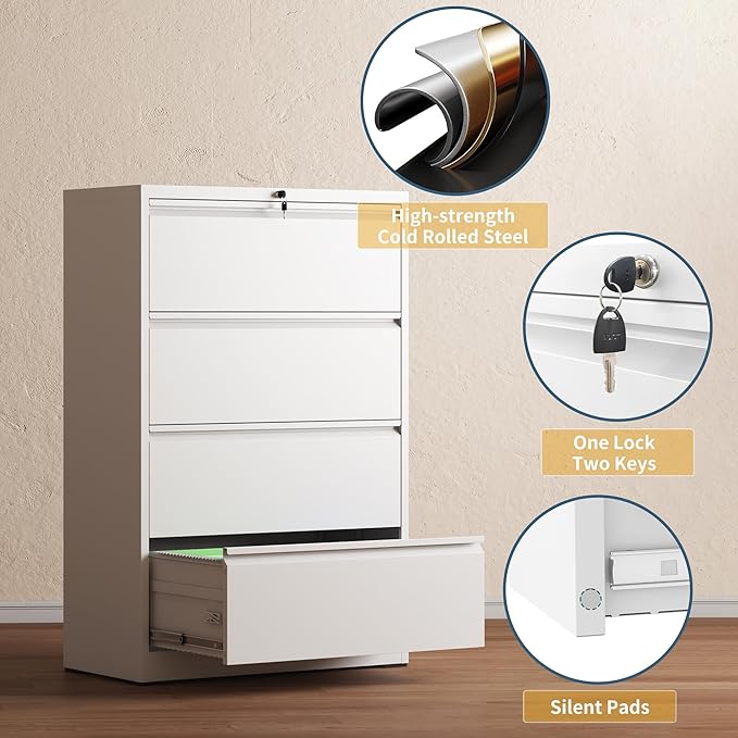 4 Drawer File Cabinet with Lock, Lateral Filing Cabinets, Metal Storage Filing - Image 4