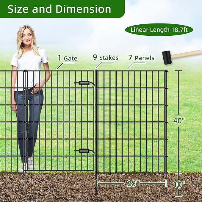 Metal Garden Fence with Gate 40in x 18.7ft, 1 Gate + 7 Panels Dog Fence Border - Image 2