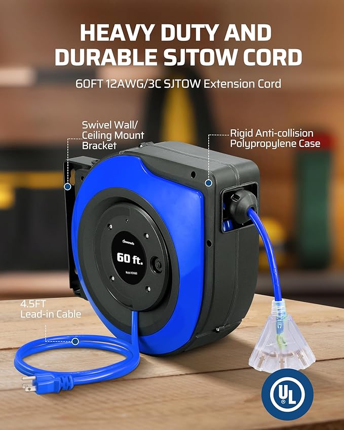 DEWENWILS Retractable Cord Reel, 60FT Heavy Duty Extension Cord, 12AWG/3C SJTOW - Image 5