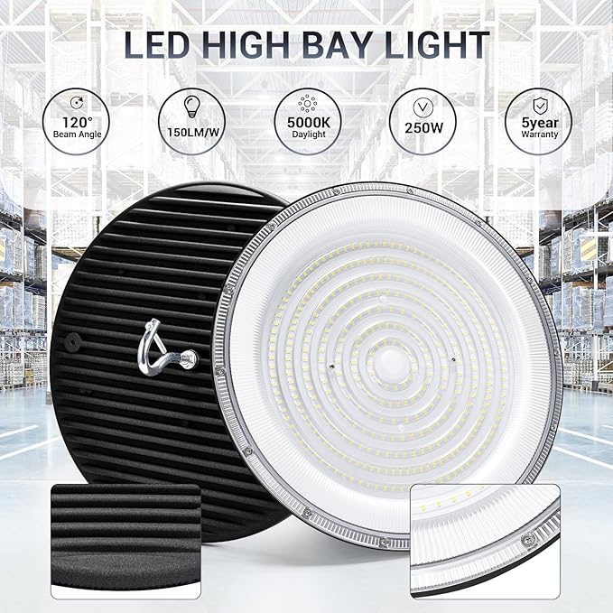 6 Pack 250W UFO Led High Bay Light, 5000K Daylight Commercial Bay Lighting - Image 2