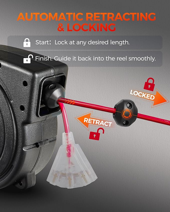 Retractable Extension Cord Reel, 40 FT Heavy Duty Power Cord, 12AWG/3C SJTOW - Image 5