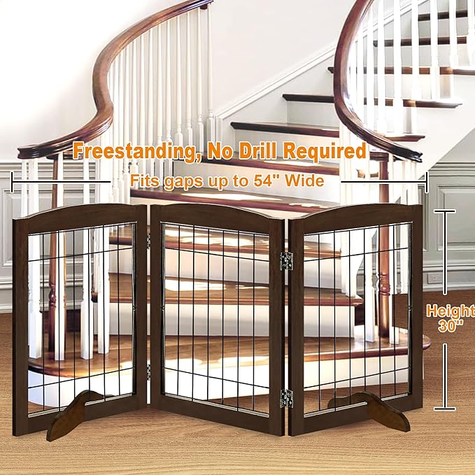 LZRS 3-Panel Freestanding Adjustable Wooden Dog Gate—30" Tall Foldable Pet - Image 2