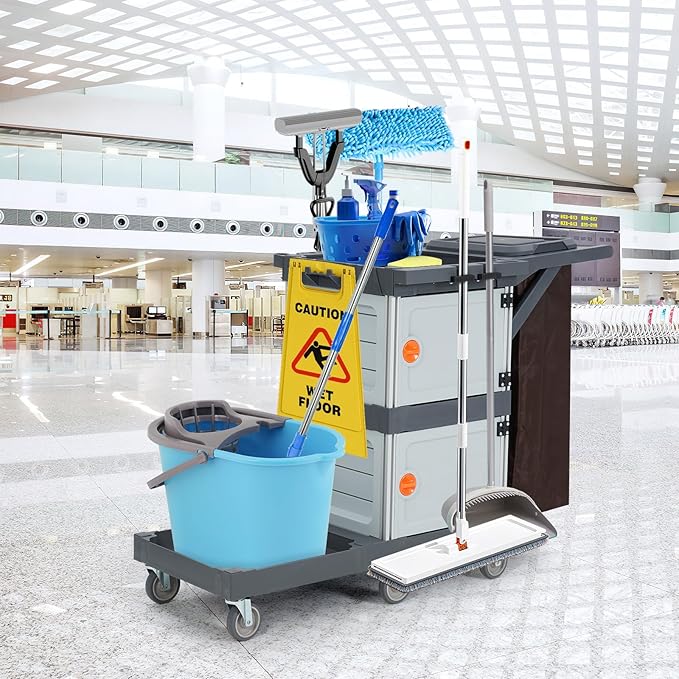 Janitorial Cart with 2 Cabinet, Commercial Cleaning Cart On Wheels with Cover - Image 6