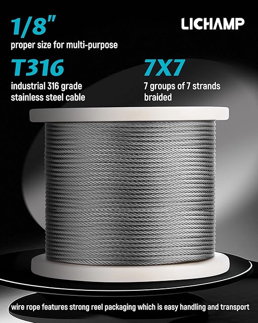 Lichamp 650FT 1/8" Stainless Steel Wire Rope Cable, Aircraft 316 SS Braided - Image 2