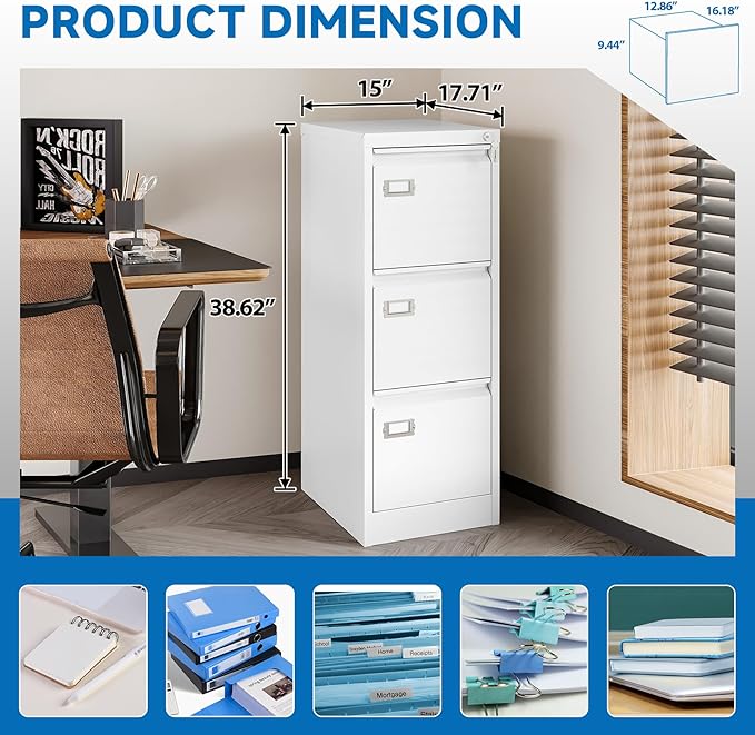 3 Drawer File Cabinet with Lock Metal Vertical File Storage Cabinet Office Home - Image 4