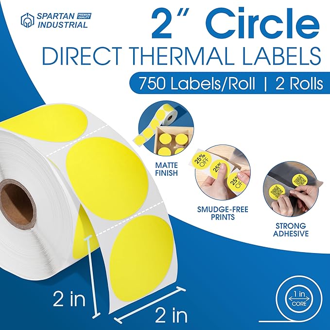 Spartan Industrial 2" Round Direct Thermal Yellow Labels | Perforated Custom - Image 2