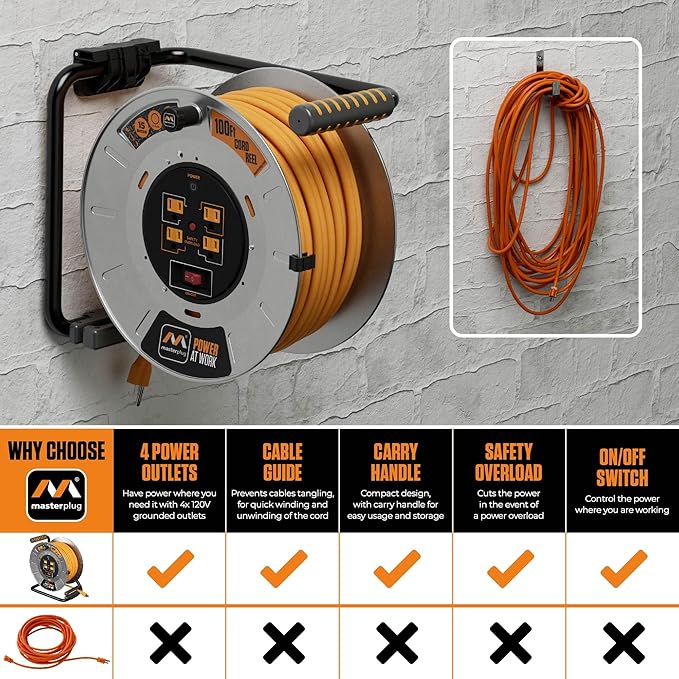 Masterplug 100ft Cord Reel, Metal Cable Drum, Retractable Extension Lead - Image 5
