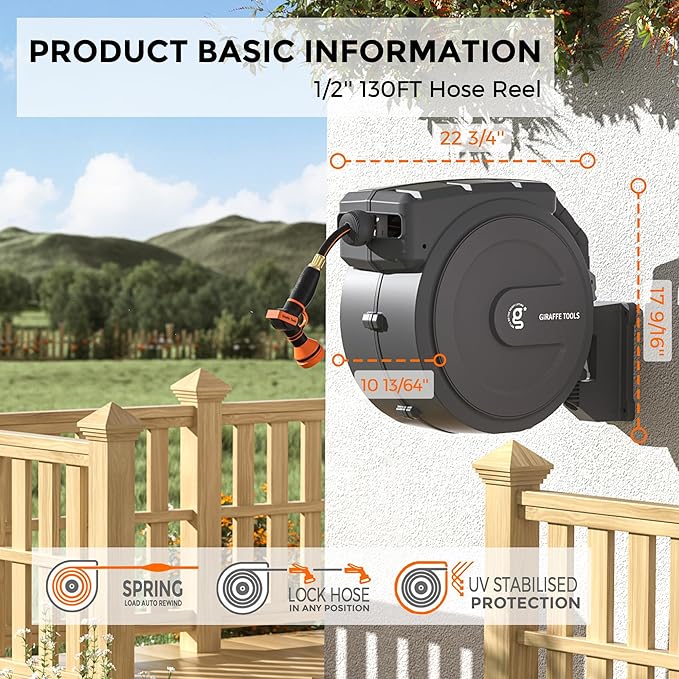 Giraffe Tools Retractable Garden Hose Reel 1/2 Inch x 130 ft, Super Heavy Duty - Image 7
