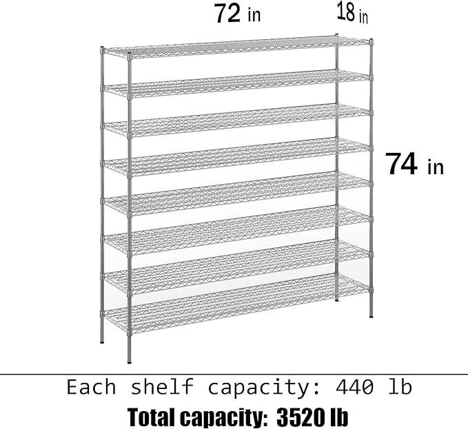 18" Deep x 72" Wide x 74" Height Wire Shelving Kit | 8-Tier | NSF Commercial - Image 3