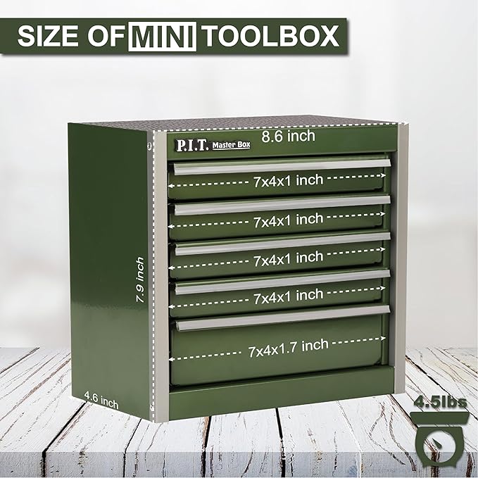 P.I.T. Mini Army Green Tool Box, Portable 5-Drawer Micro Roll Cab Steel Tool Box - Image 3