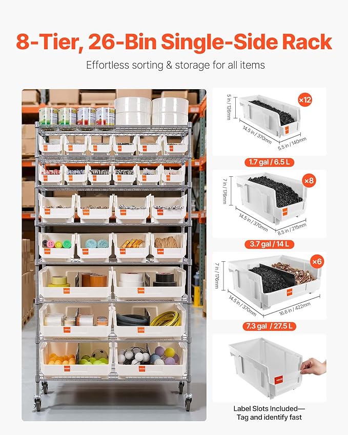 VEVOR 8-Tier Rolling Bin Storage Rack, 26 Organizer Bins, Bin Rack Storage - Image 2
