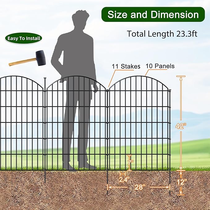 Metal Garden Fence 42in x 23.3ft, 10 Panels + 11 Stakes Dog Fence Border Fence - Image 3