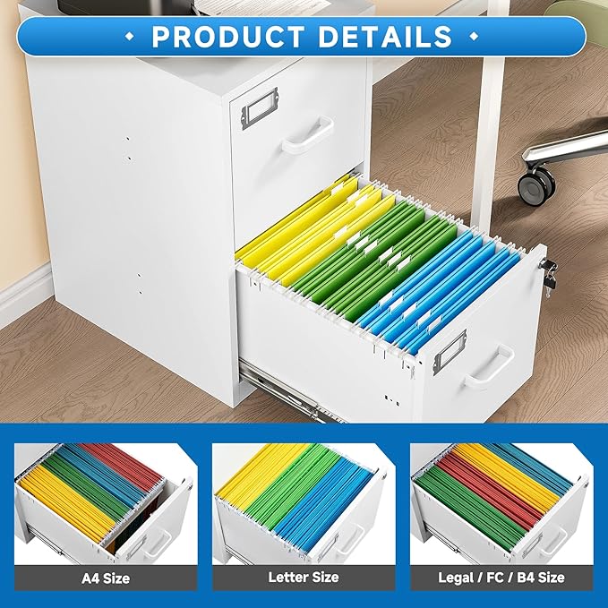 2 Drawer File Cabinet with Lock Vertical Filing Storage Office Home Steel - Image 5