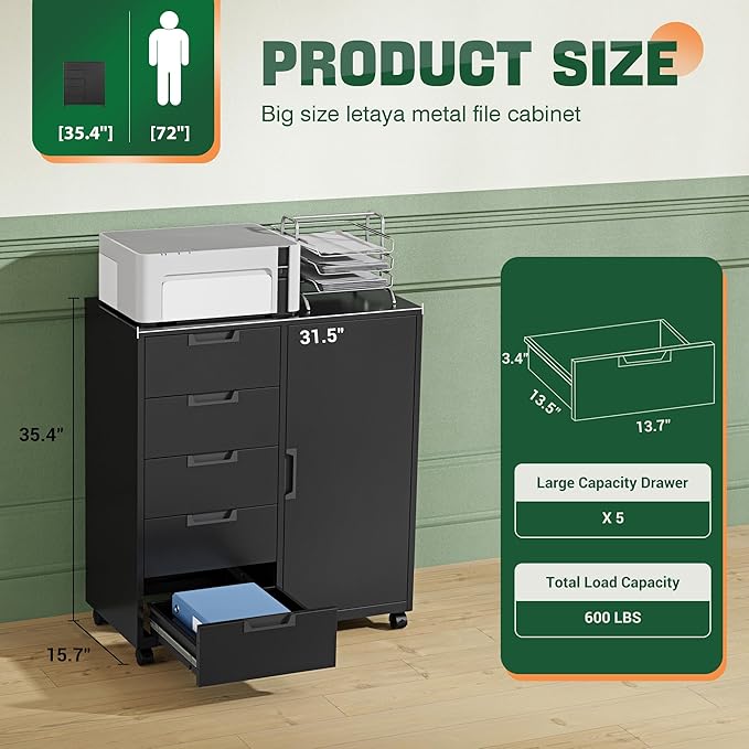 Letaya 5 Drawer Storage Cabinet, Mobile Printer Stand - Image 3