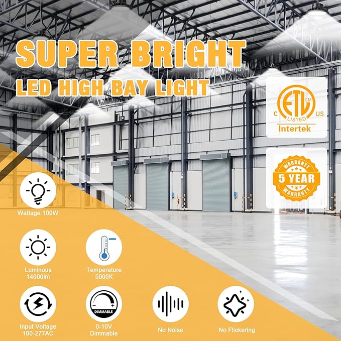 UFO LED High Bay Light 100W 4Pack, High Bay LED Shop Lights 14, 000LM Dimmable - Image 2