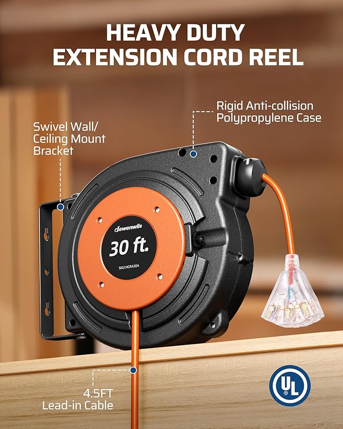 DEWENWILS 30FT Retractable Extension Cord Reel, 16/3C SJTW Heavy Duty Power Cord - Image 8
