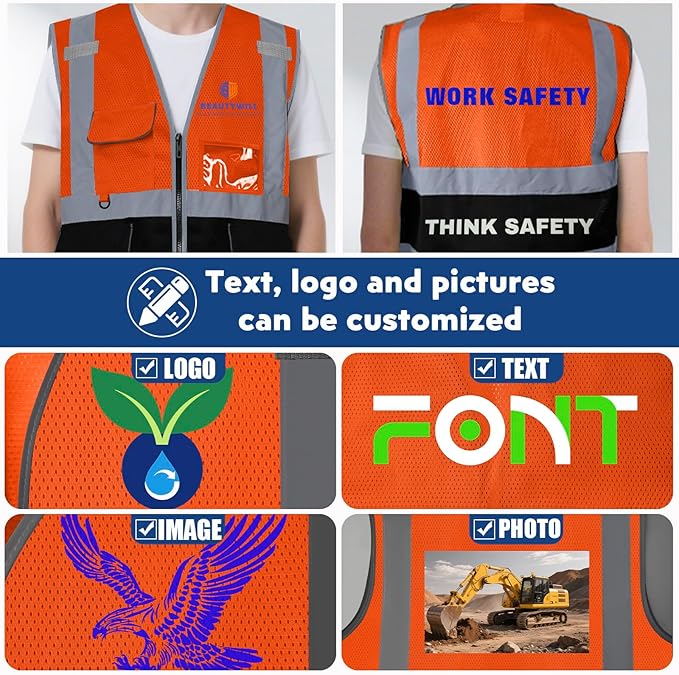 BeautyWill 10/20 Pack Custom Logo Safety Vest, Bulk High Visibility Class 2 - Image 4