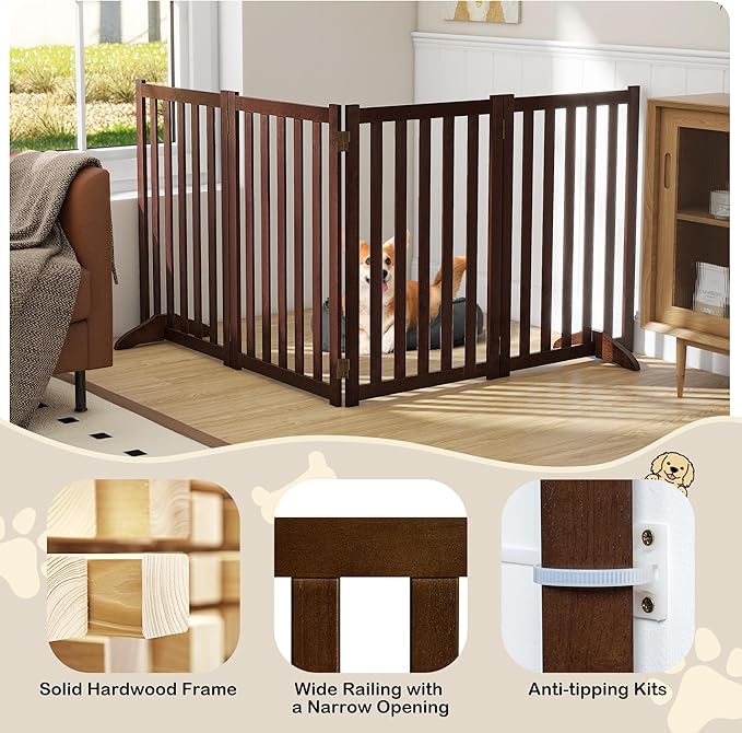 30" Height Tall Freestanding Pet Gate, Solid Wood Folding Safety Fence Wooden - Image 4