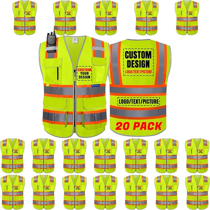 BeautyWill Custom Logo 10 Pockets Safety Vest Class2 ANSI Certified High by BeautyWill