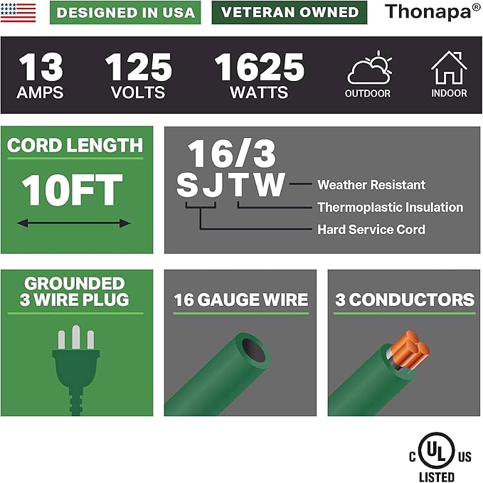 13 Amp Outdoor Extension Cord 10 ft, 16/3 SJTW 10ft Green Extension Cord 3 Prong - Image 2