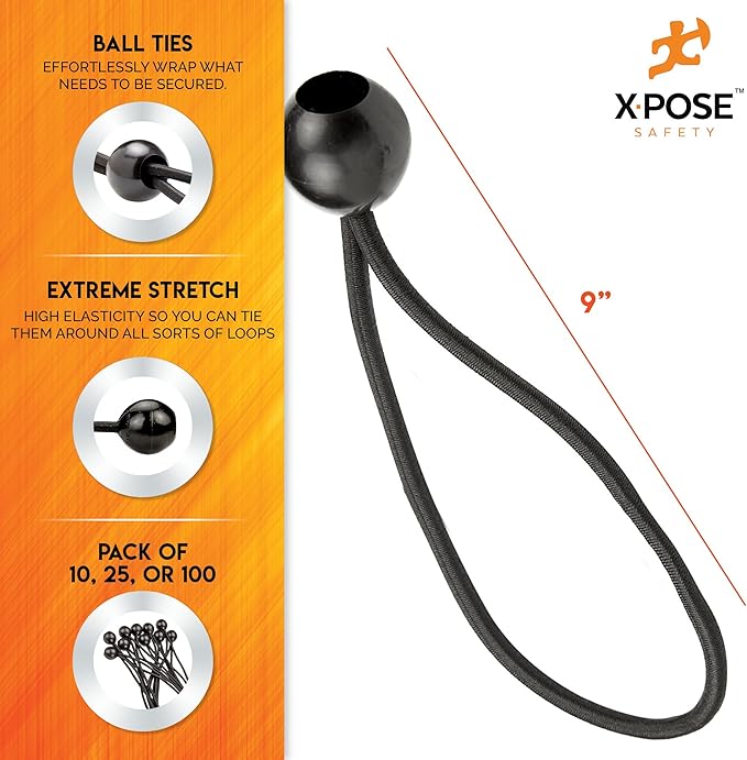 Xpose Safety Bungee Ball Cords 9" 100 Pack Heavy Duty Black Stretch Rope - Image 2