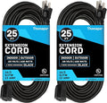 13 Amp Outdoor Extension Cord 25 ft, 2 Pack, 16/3 SJTW 25 Foot Black Extension by Thonapa
