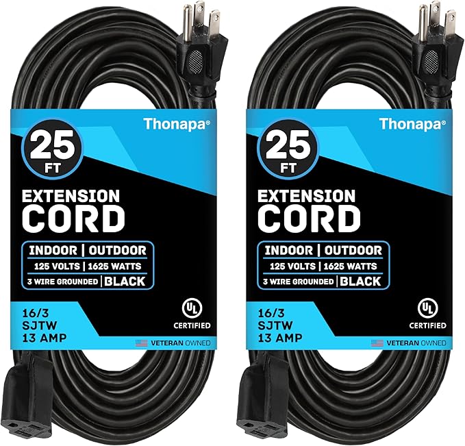 13 Amp Outdoor Extension Cord 25 ft, 2 Pack, 16/3 SJTW 25 Foot Black Extension by Thonapa