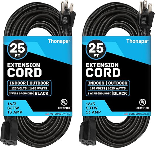 13 Amp Outdoor Extension Cord 25 ft, 2 Pack, 16/3 SJTW 25 Foot Black Extension by Thonapa
