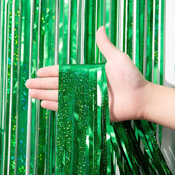 3 Pack 3.3 x 8.2 ft Laser Green Foil Fringe Backdrop Curtains, Tinsel Streamers - Image 2
