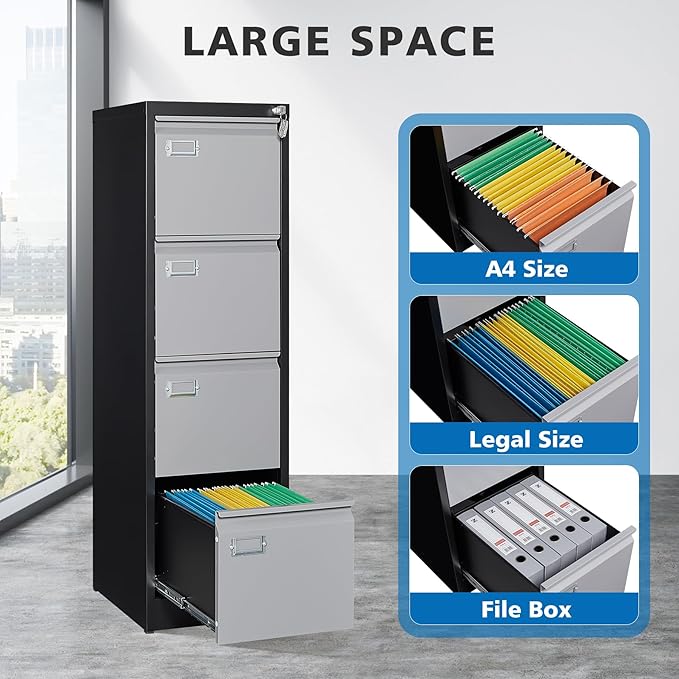 4 Drawer File Cabinet with Lock Metal Vertical Filing Cabinet Office Home - Image 4