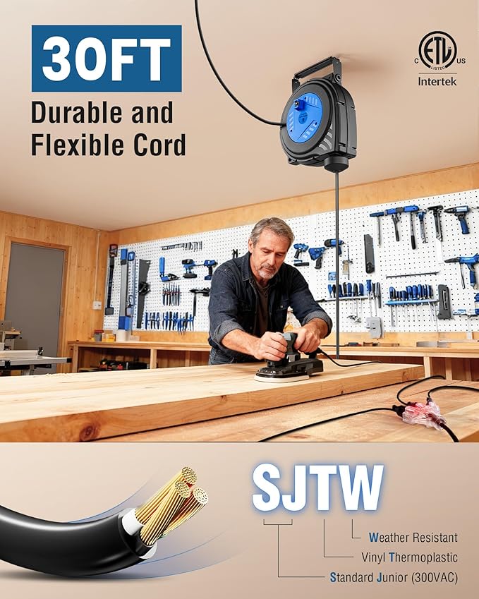 SURAIELEC 30 FT Retractable Extension Cord Reel, 16 Gauge Power Cord - Image 2