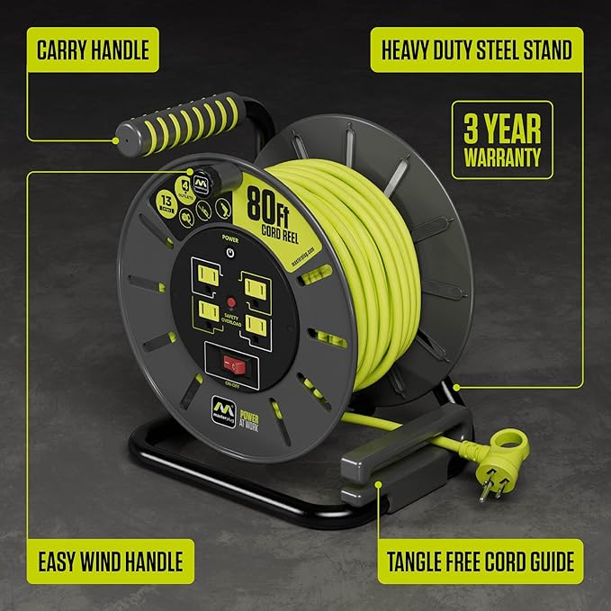 Masterplug 80ft Cord Reel, Retractable Extension Lead - Image 3