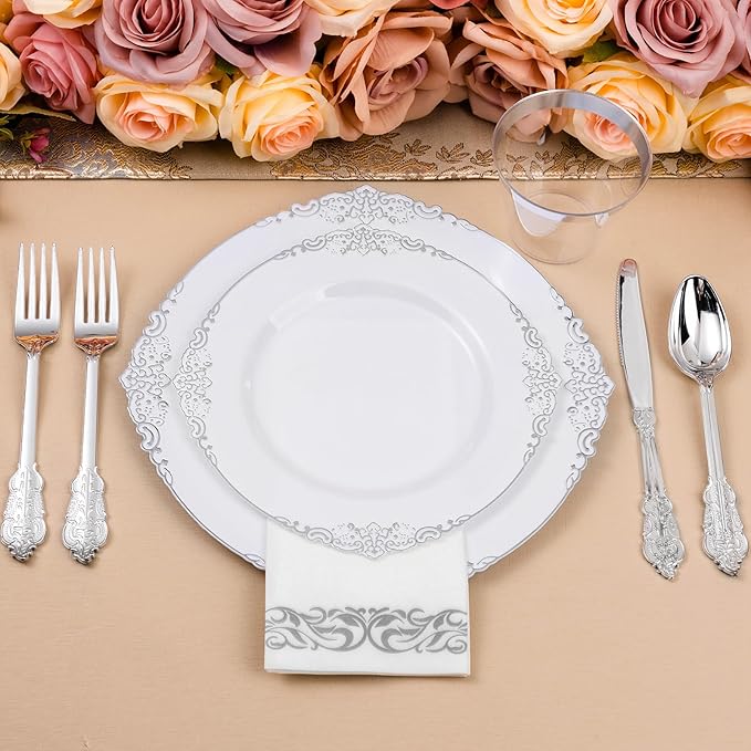 350PCS Silver Plastic Plates for 50 Guests, Disposable Dinnerware Set Includes - Image 6