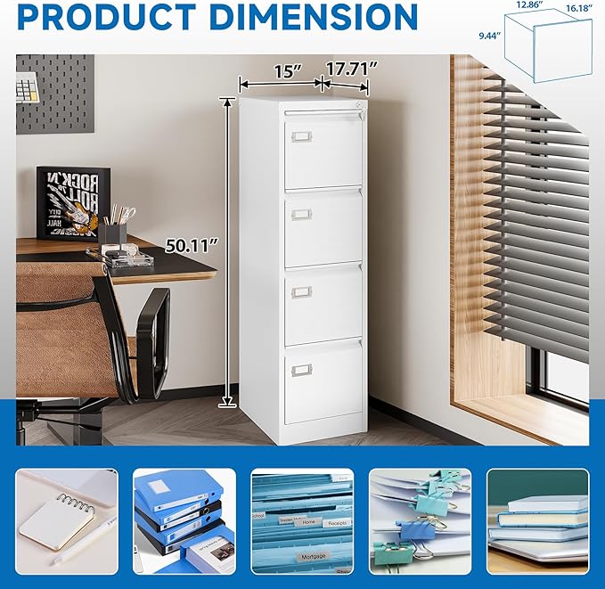 4 Drawer File Cabinet with Lock Metal Vertical File Storage Cabinet Office Home - Image 5