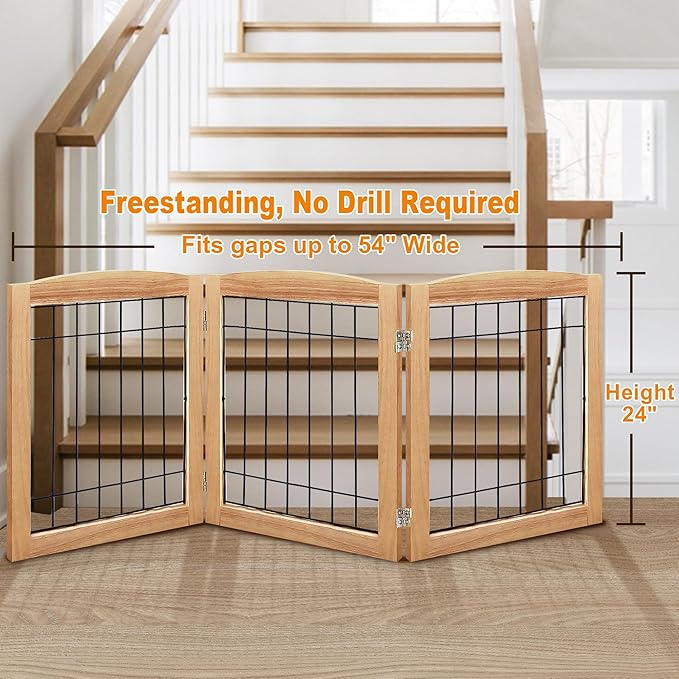 LZRS 3-Panel Freestanding Foldable Wooden Dog Gate –Solid Wood & Steel Wire - Image 2
