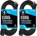 13 Amp Outdoor Extension Cord 6 ft, 2 Pack, 16/3 SJTW 6 Foot Black Extension by Thonapa