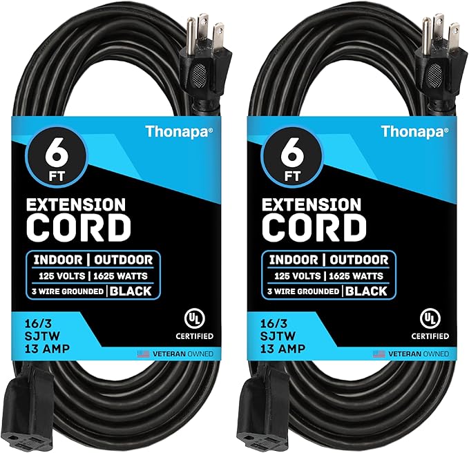 13 Amp Outdoor Extension Cord 6 ft, 2 Pack, 16/3 SJTW 6 Foot Black Extension by Thonapa