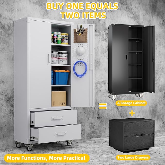 Garage Storage Cabinet with 2 Drawers and Pegboard, Metal Storage Cabinet with - Image 5