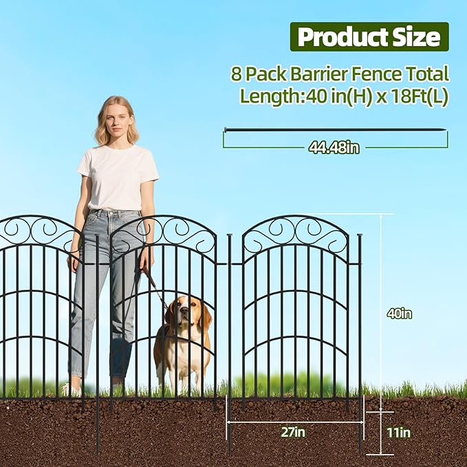 8 Panels 40in Decorative Garden Fence, Total 18ft L Heavy Duty Iron Metal No - Image 2