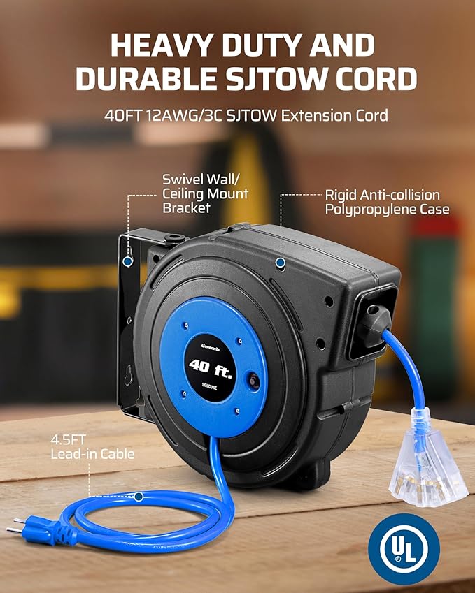 DEWENWILS Heavy Duty Cord Reel, 40FT Retractable Extension Power Cord, 12AWG/3C - Image 6