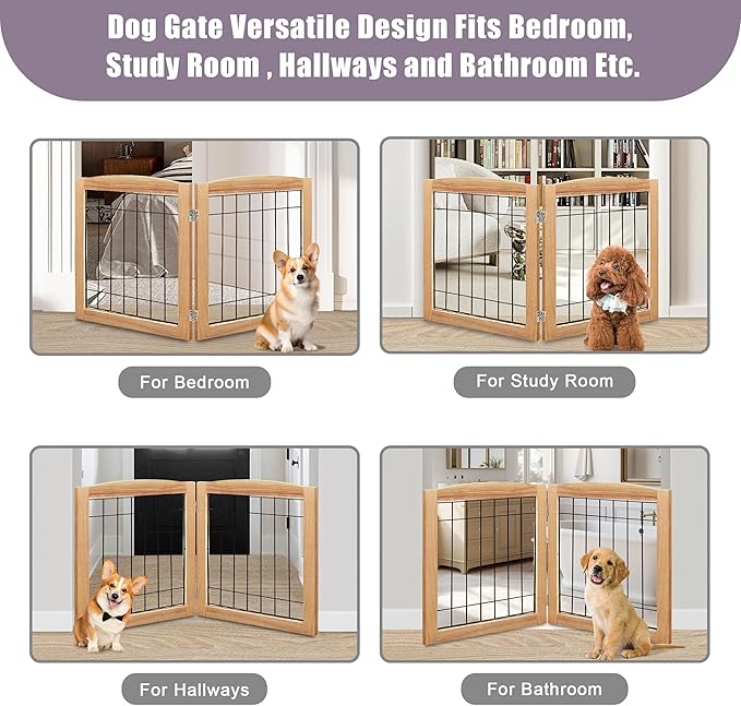 LZRS 2-Panel Freestanding Foldable Wood Dog Gate – Solid Wood & Steel Wire - Image 6